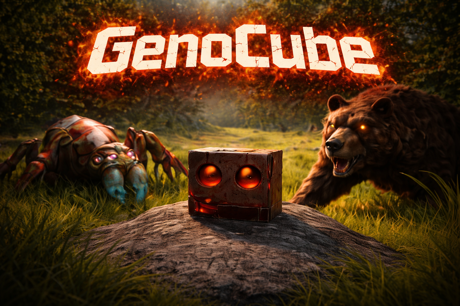 GenoCube title artwork with the cube protagonist facing enemies in a forest.